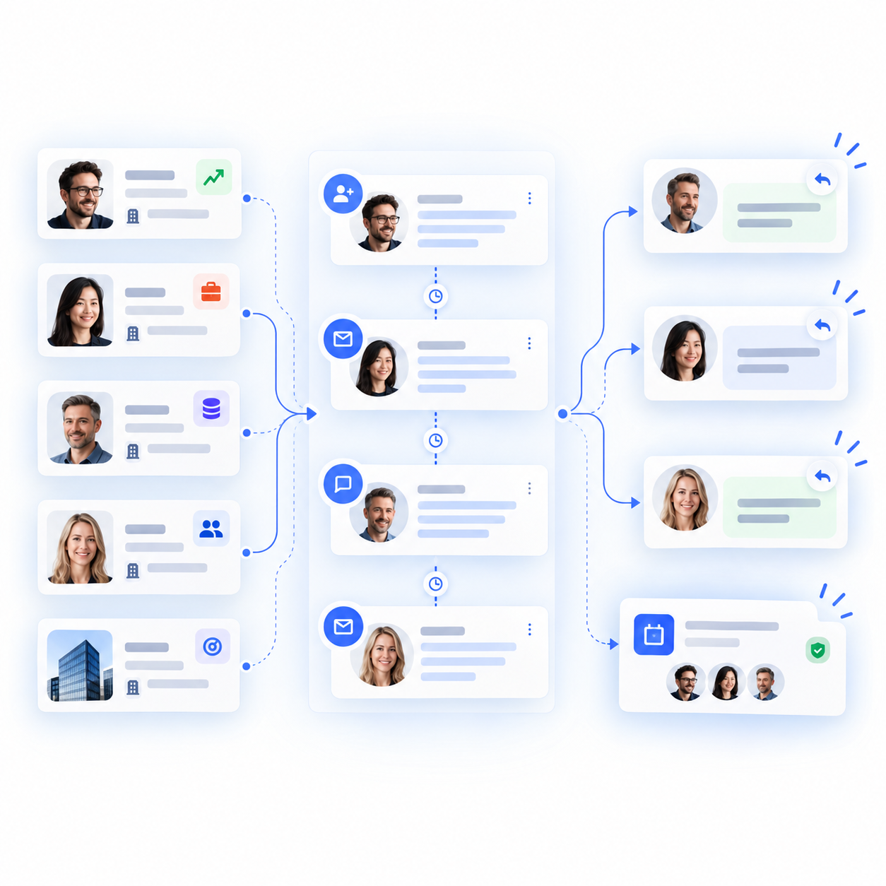 Workflow diagram showing prospects flowing through a personalized outreach sequence into replies and booked meetings