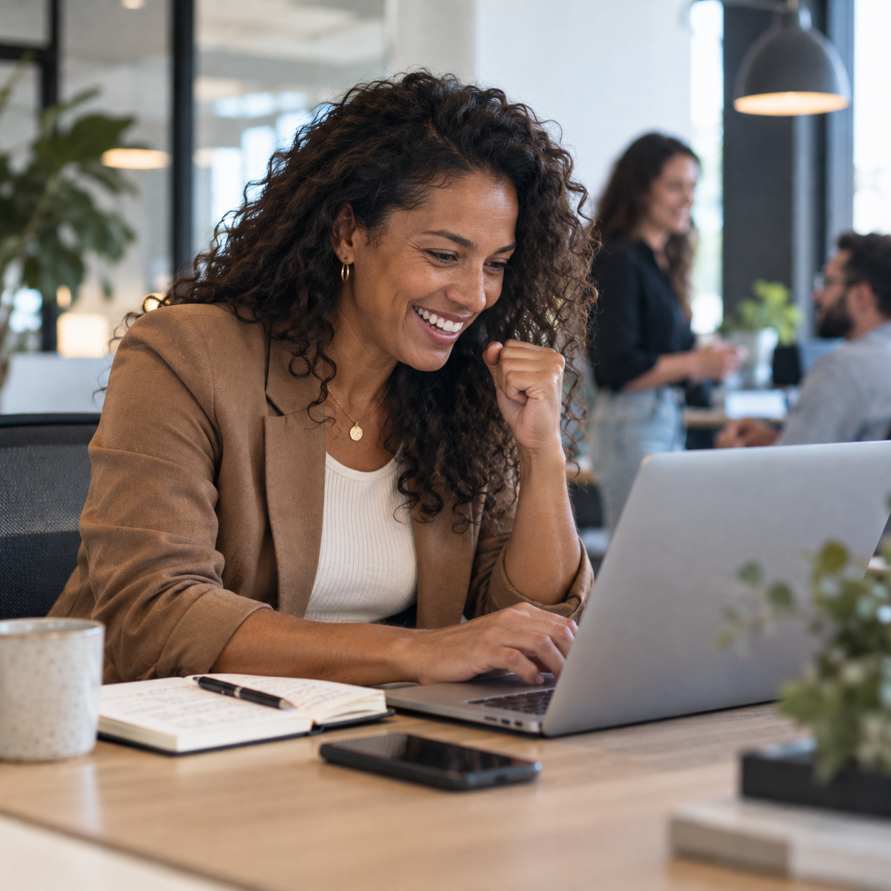 Sales professional celebrating a booked meeting on her laptop