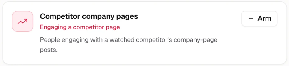 Competitor company pages signal card with an Arm button