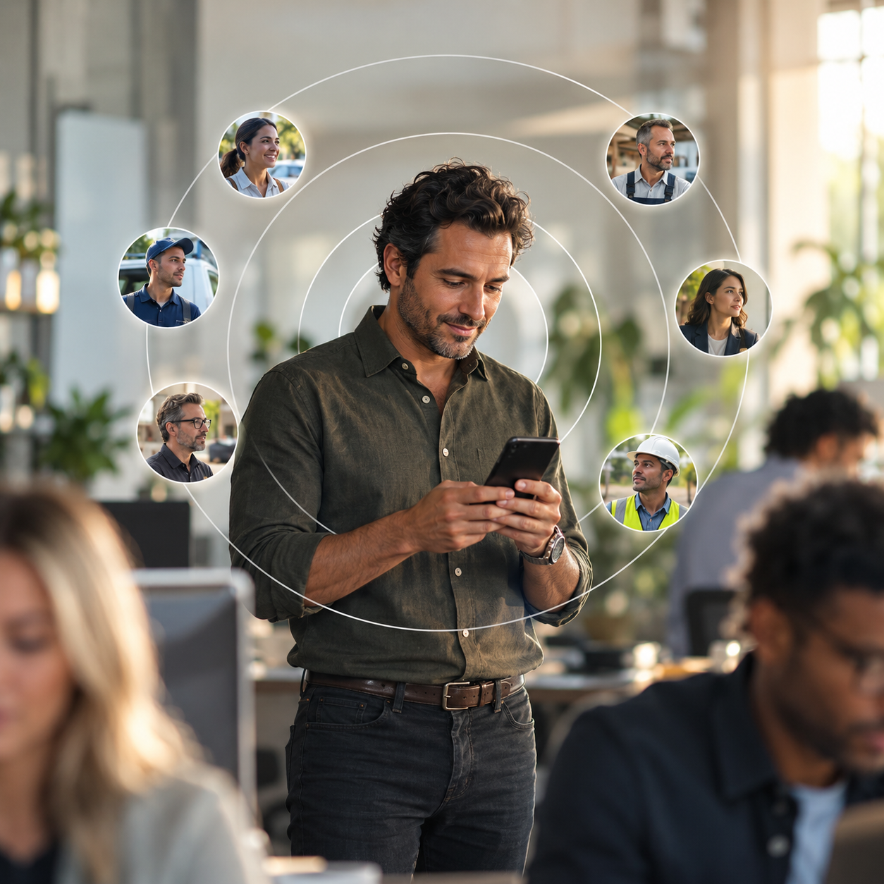 Sales professional checking messages in a busy office