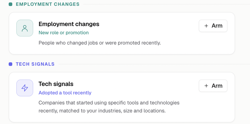 Employment changes and tech signals cards with Arm buttons