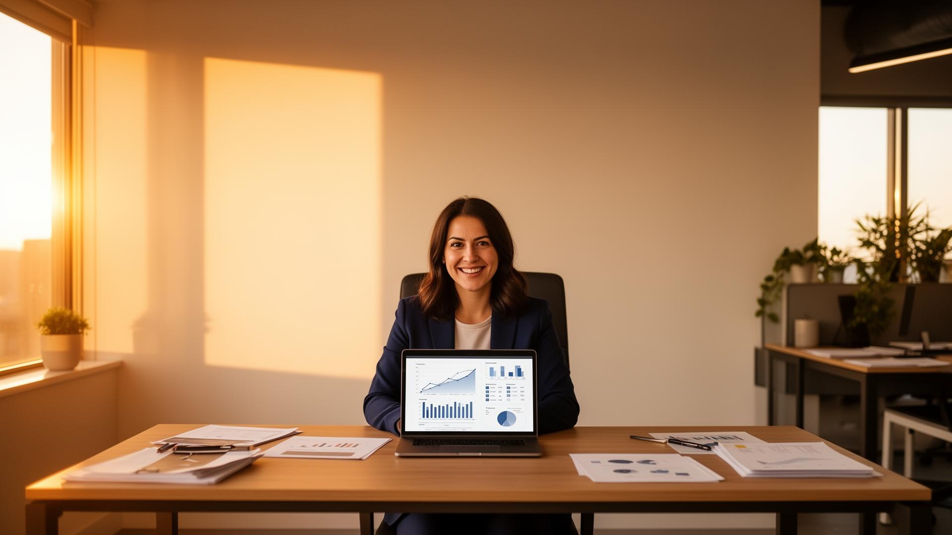 Confident entrepreneur showing growth charts on laptop in modern office