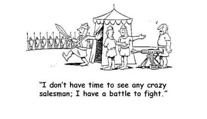 Cartoon of a king marching to battle with swords while ignoring a salesman offering a machine gun, illustrating how businesses overlook modern AI tools