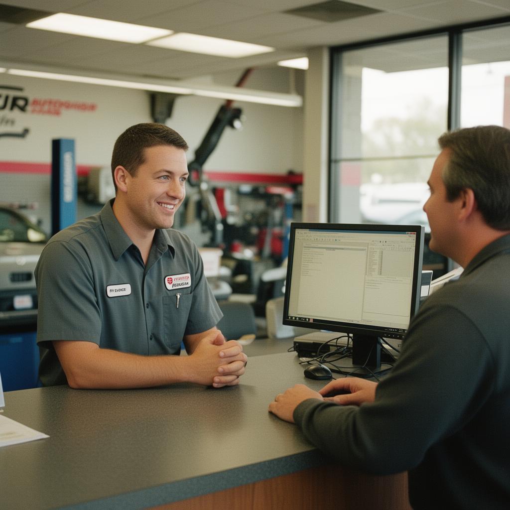 Auto repair service advisor helping a customer at the front desk