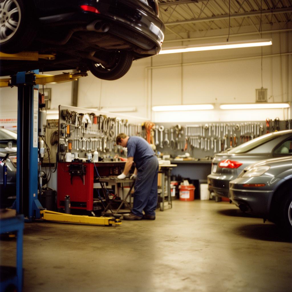 Busy auto repair shop with mechanic working under a car on a lift