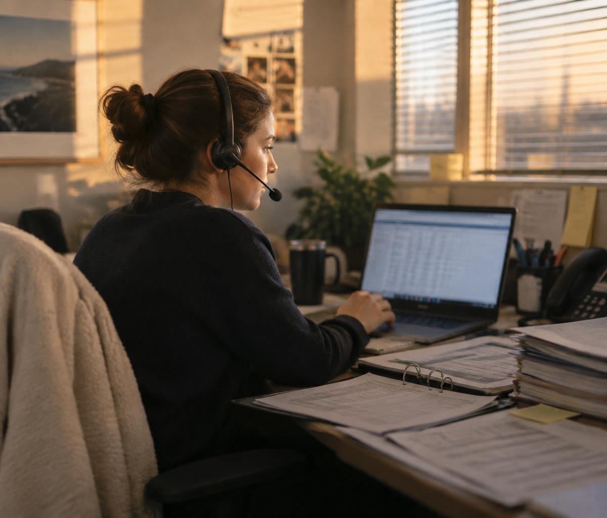 A rep wearing a headset works through stacks of folders and contact lists at a sunlit desk