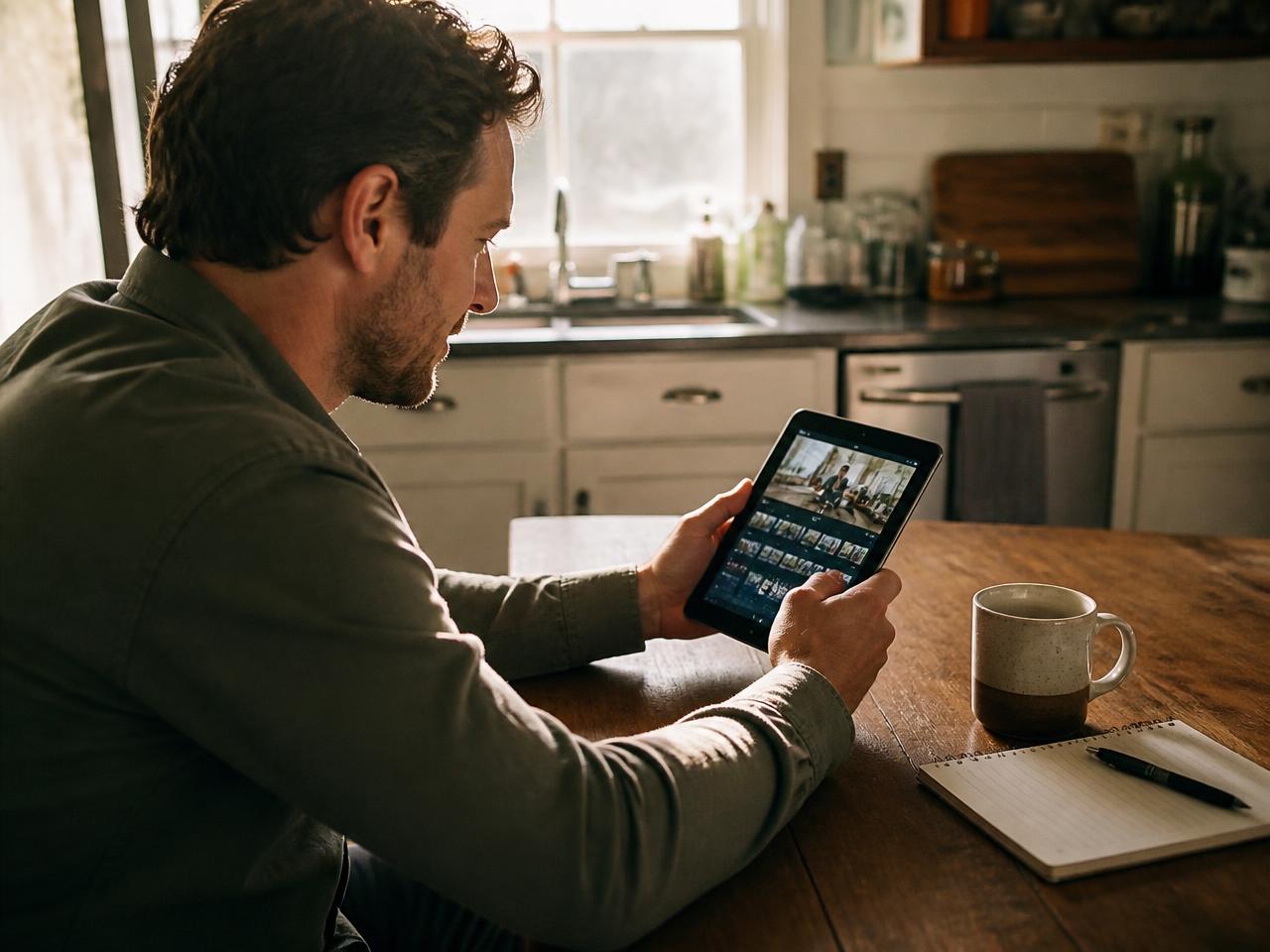 A business owner at his kitchen table reviewing finished video clips on a tablet