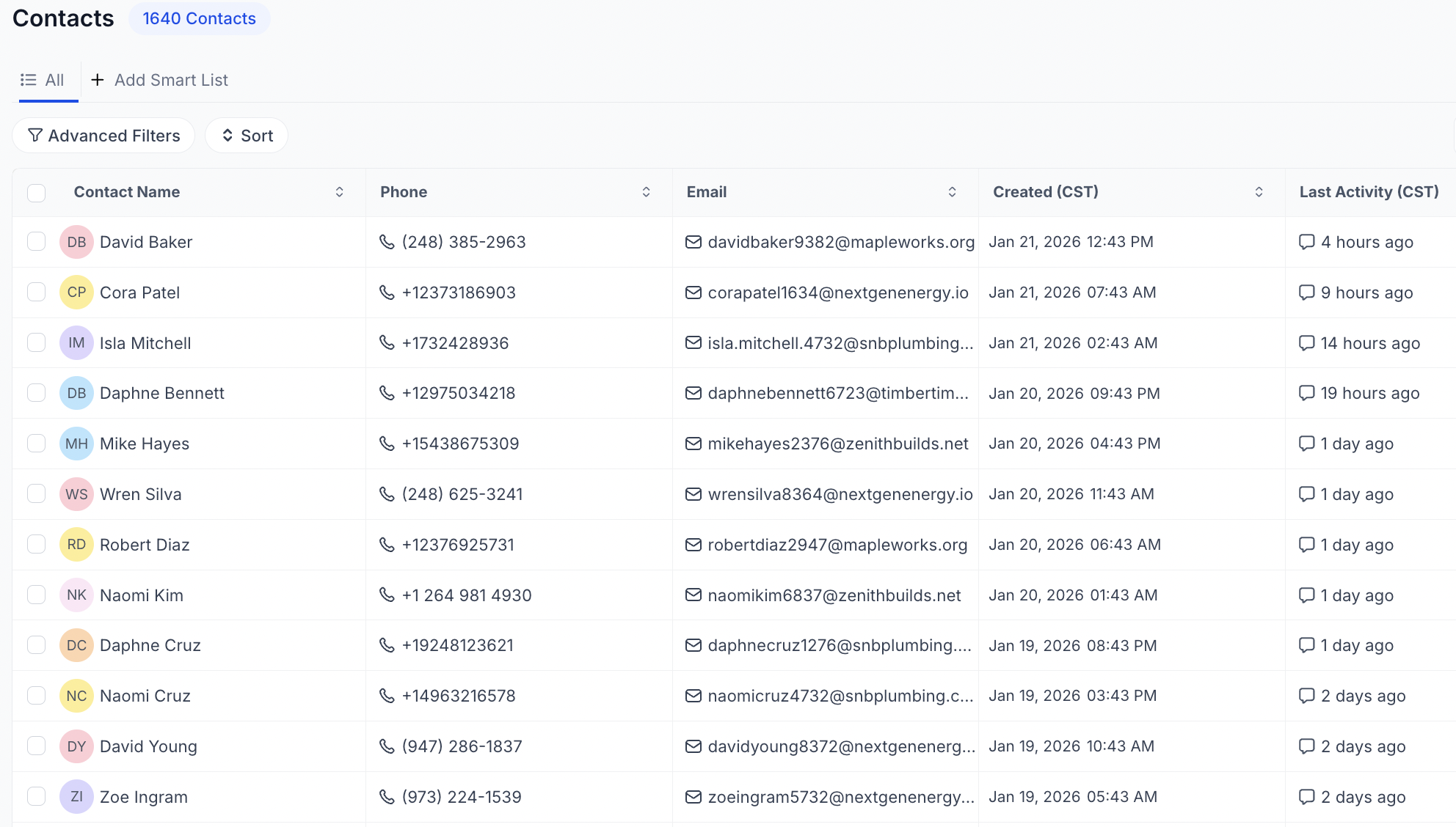 WeLevel CRM unified contacts list showing lead and customer management