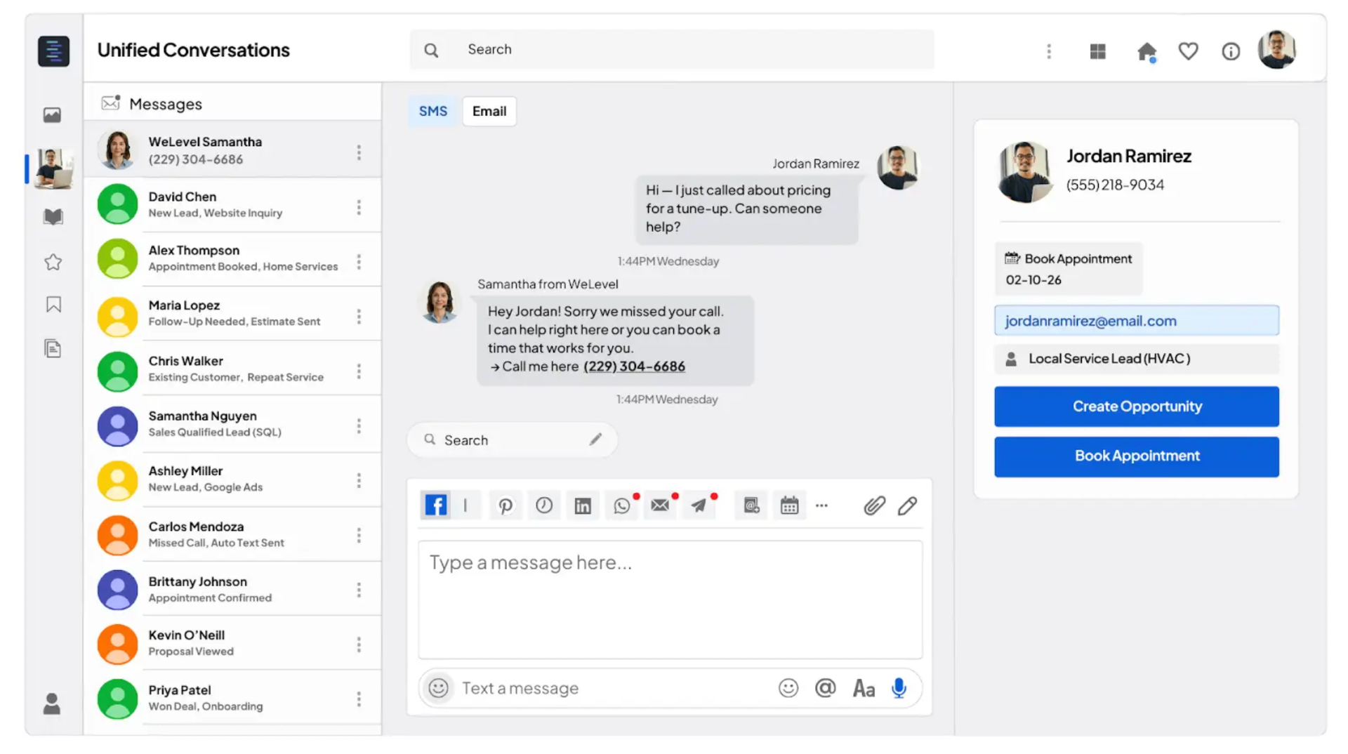 WeLevel CRM unified conversations inbox with SMS, email, and multi-channel messaging