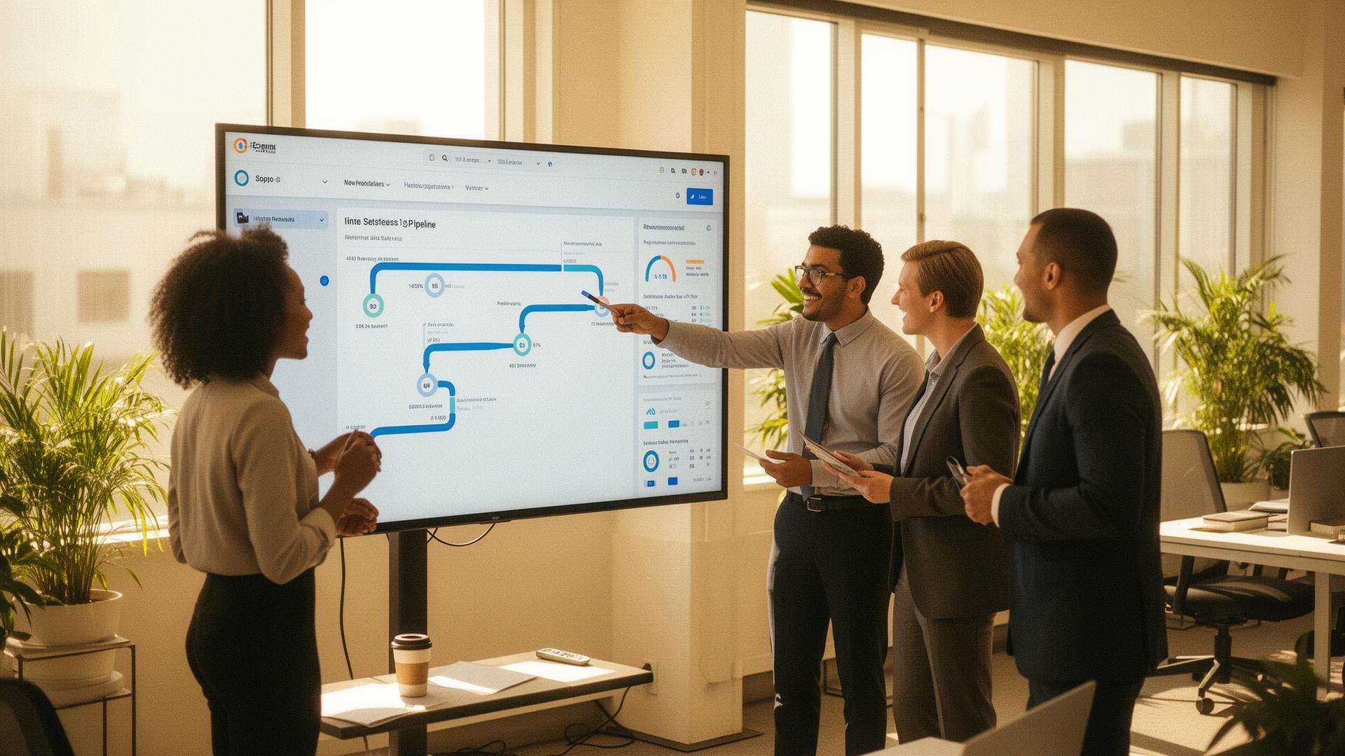 Team collaborating around CRM dashboard