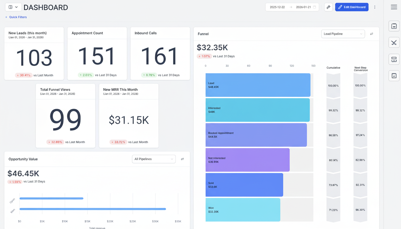 WeLevel CRM real-time reporting dashboard with lead metrics, funnel analytics, and opportunity tracking