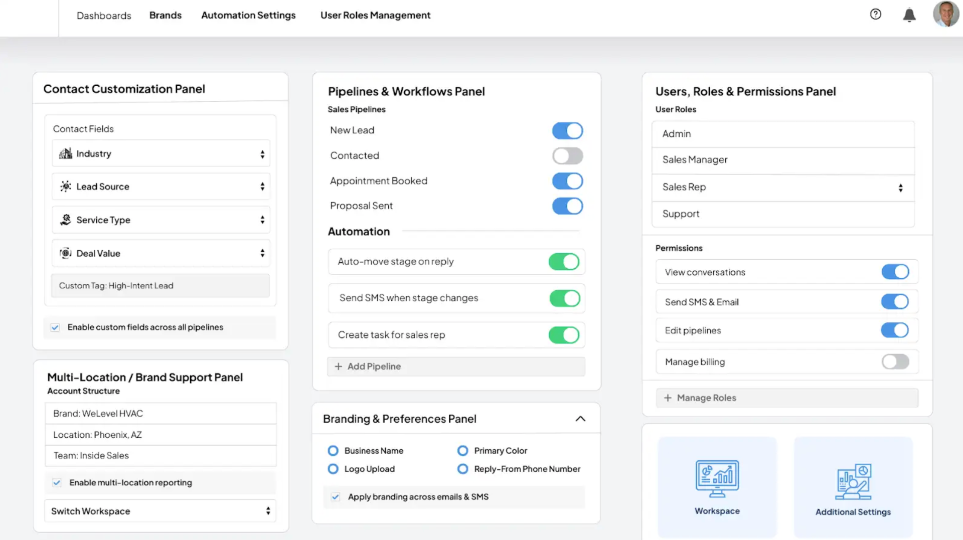 WeLevel CRM flexible settings with custom fields, user permissions, and multi-location configuration