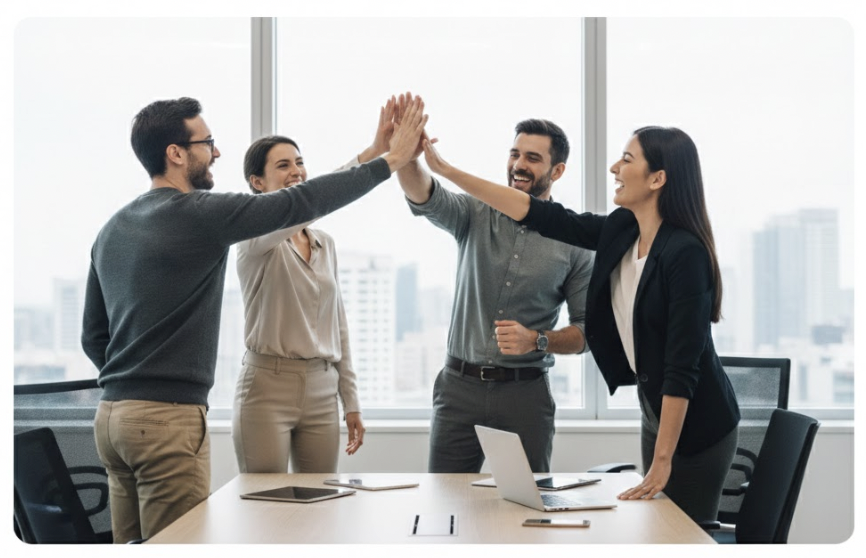Team celebrating business success