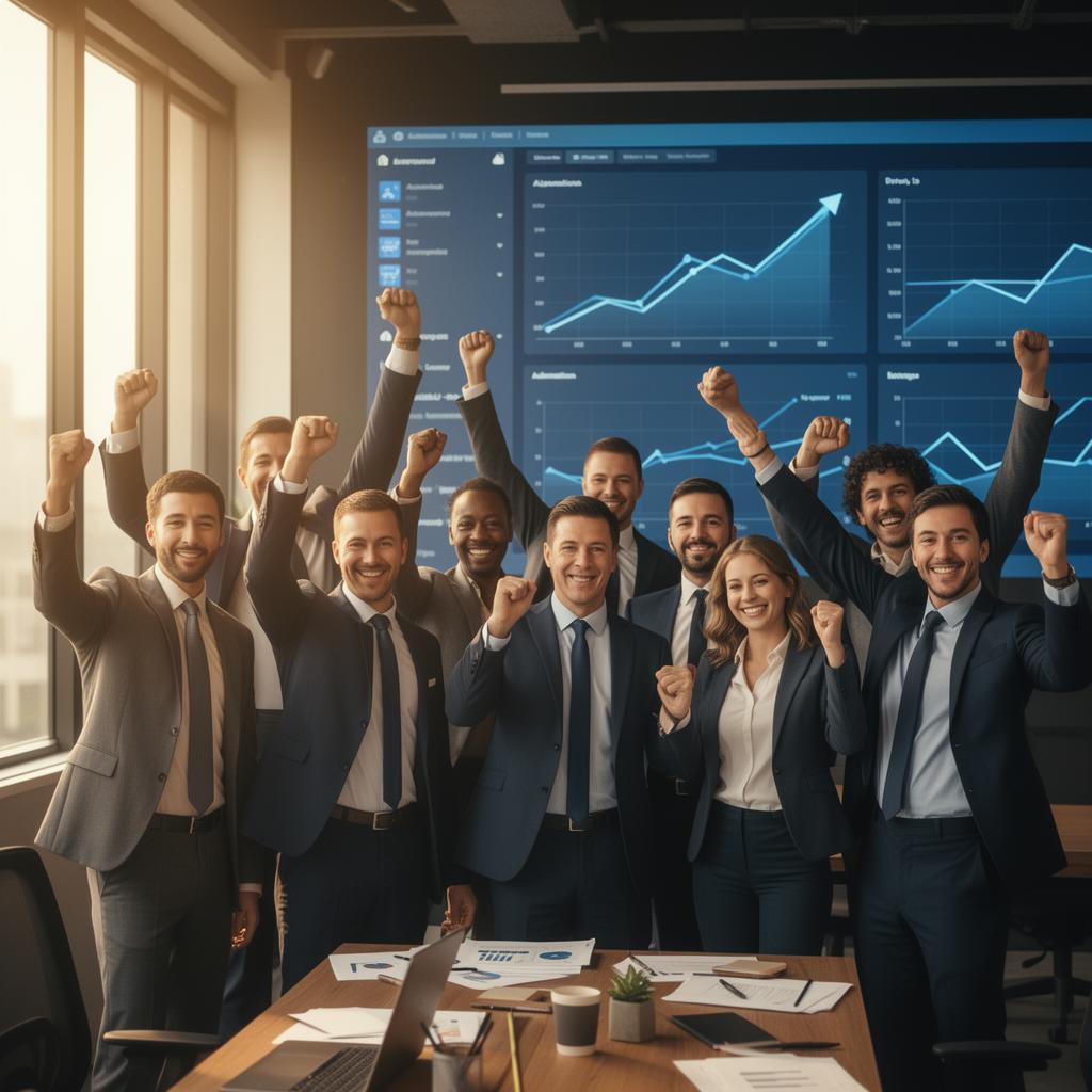 Business team celebrating growth with automation dashboards