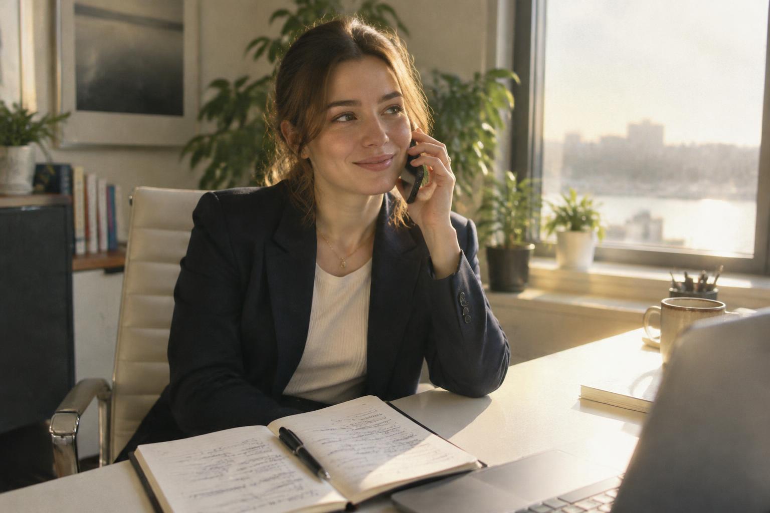 A salesperson on the phone at a sunlit desk, working from a handwritten follow-up list
