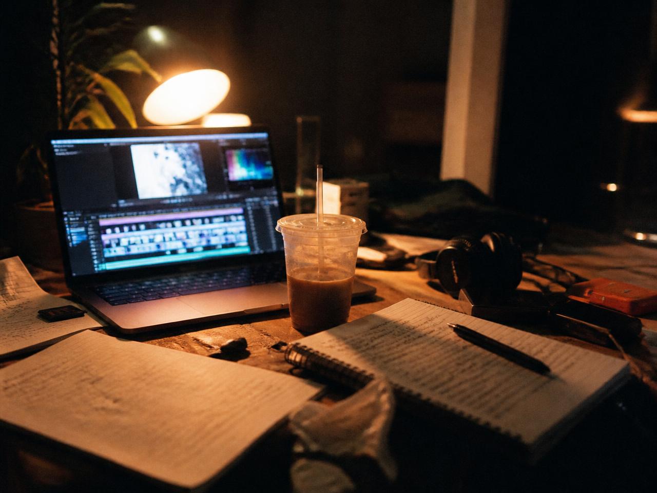 A late night desk with a laptop open on a video editing timeline, notes and a cold coffee beside it
