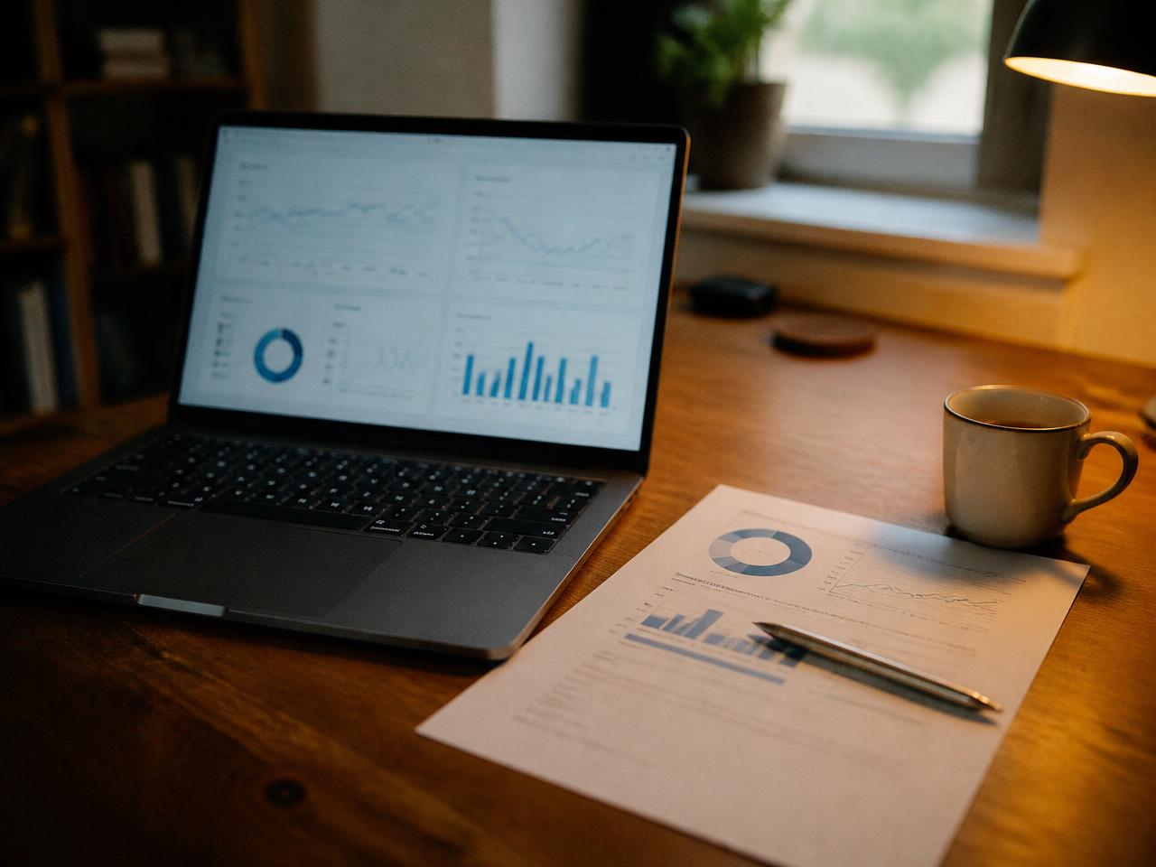 A laptop showing a performance dashboard beside a printed one page report with a pen on it