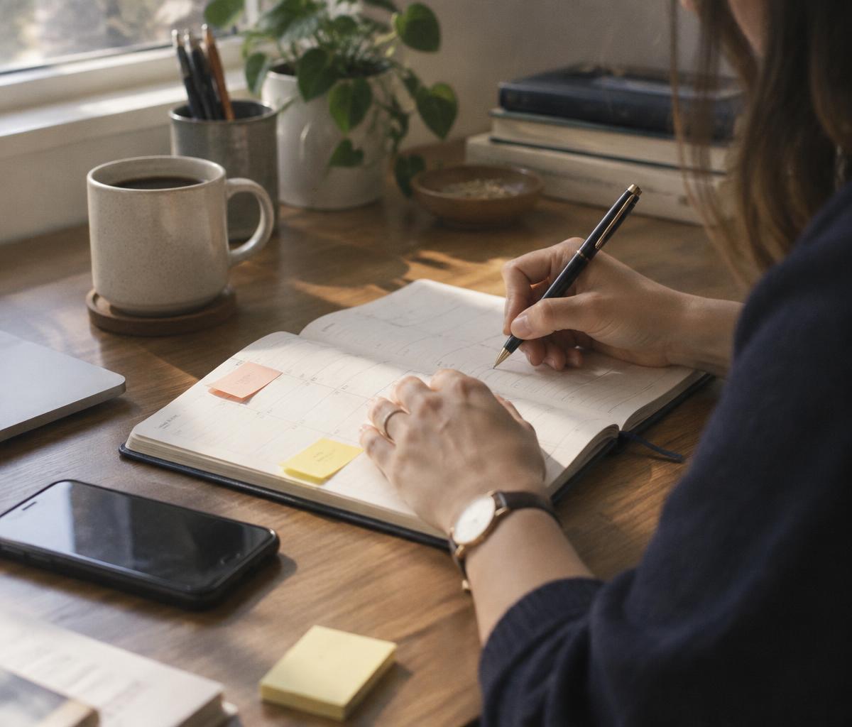 Hands marking follow-up dates in a paper planner beside a coffee cup and phone