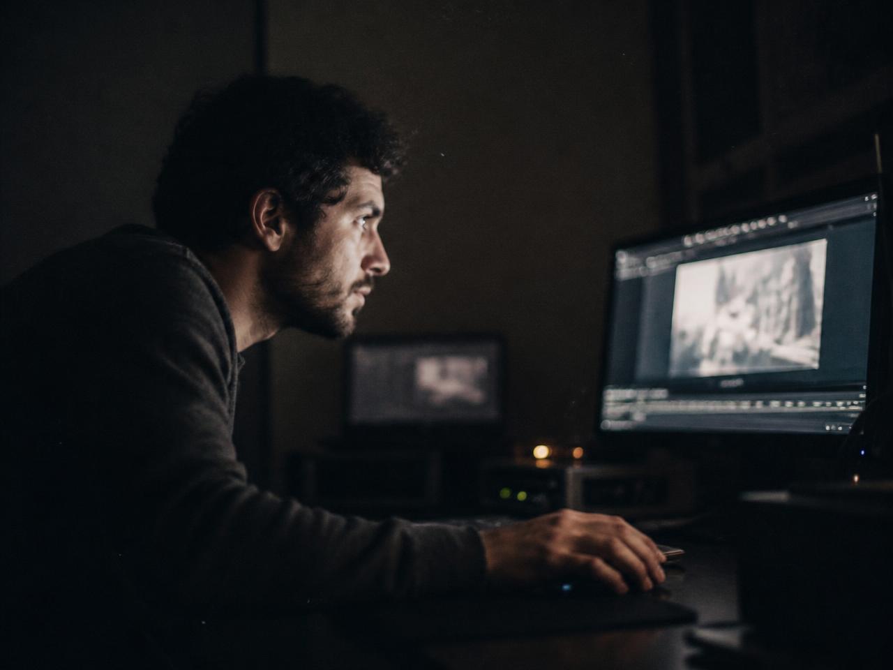 An editor leaning in close to a monitor reviewing a video frame by frame in a darkened room