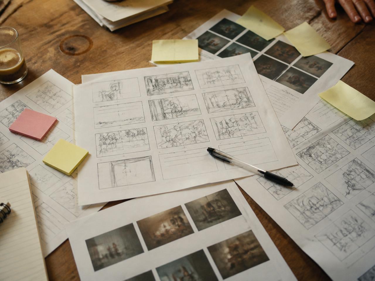 Hand drawn storyboard frames and a printed creative brief spread across a worn wooden table
