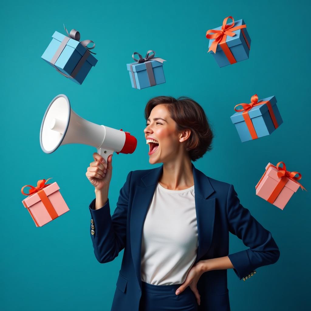 Excited professional with megaphone surrounded by gift boxes