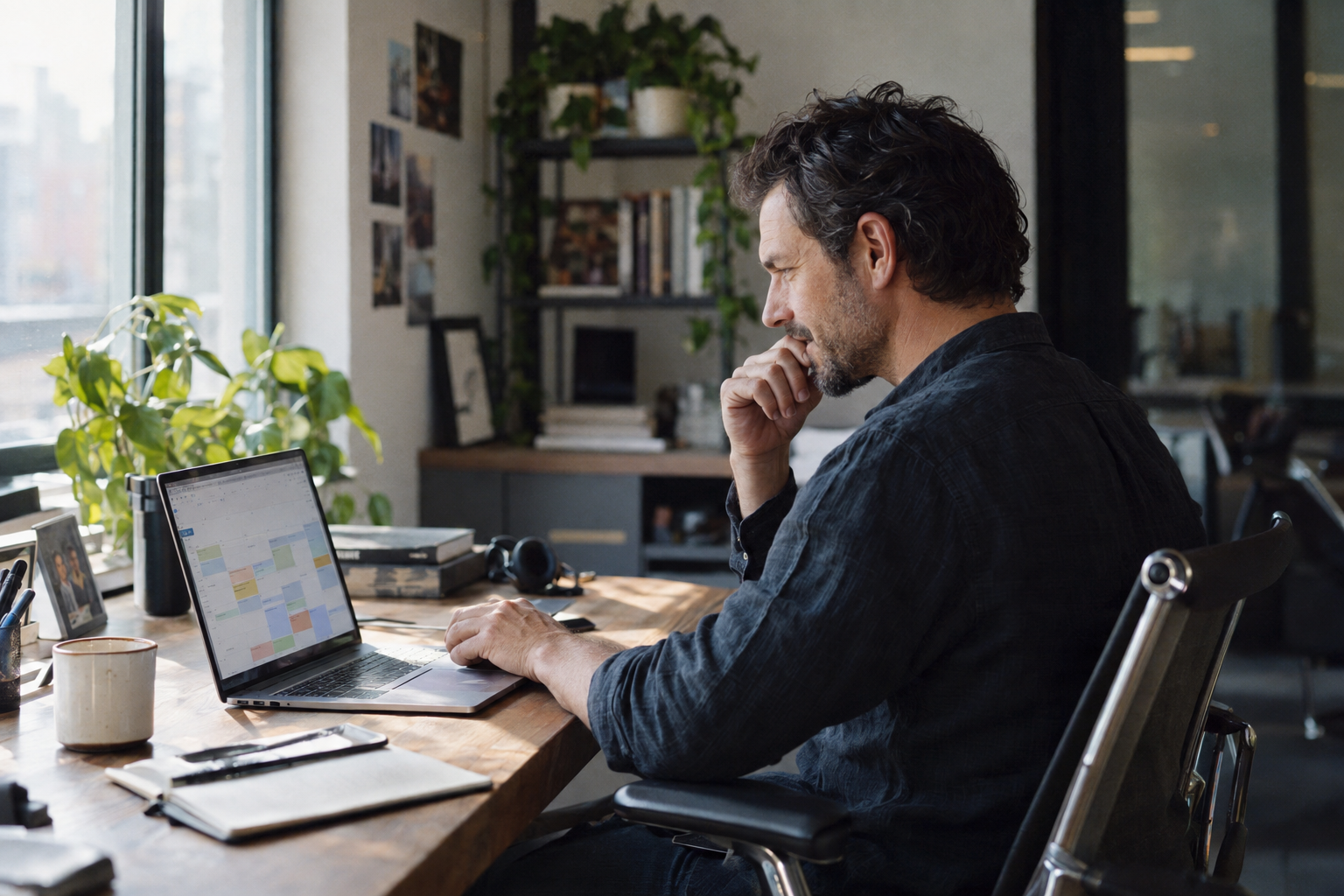 Business owner reviewing a full meeting calendar in his office