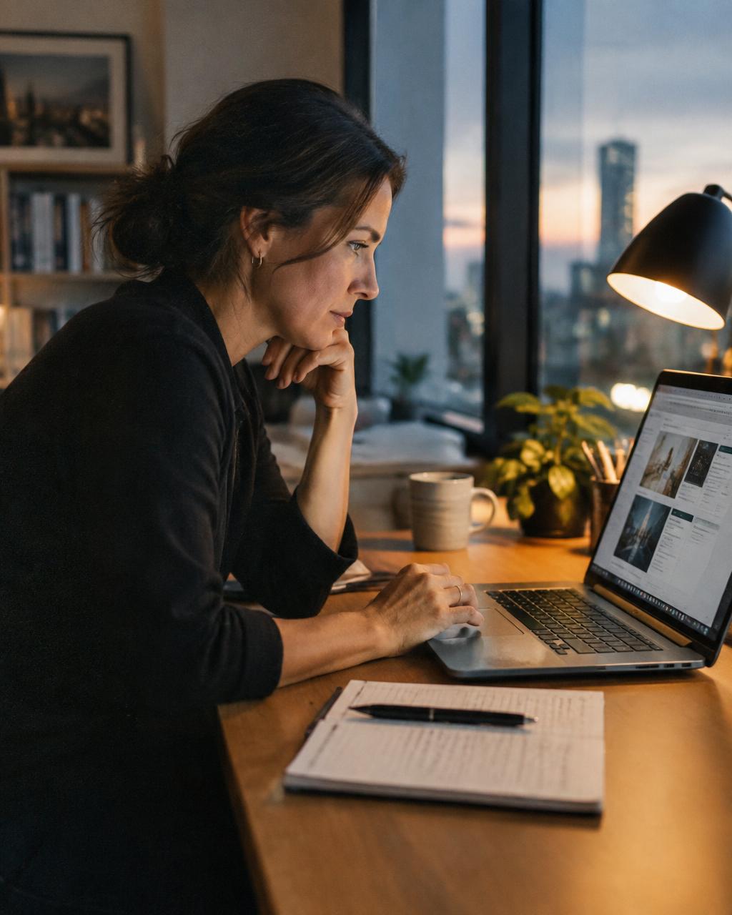 Marketing director at her desk in the evening, engaged while reading industry research on her laptop