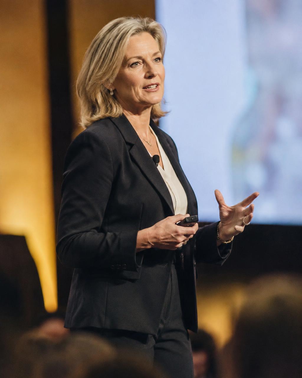 Businesswoman speaking on stage at an industry conference, addressing a blurred audience
