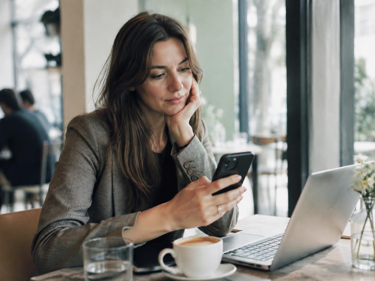 Agency founder reading her phone at a cafe table with a laptop