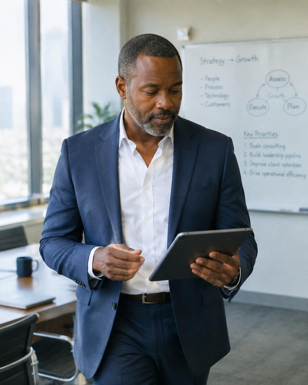 CFO in a navy suit reviewing a tablet in a bright conference room