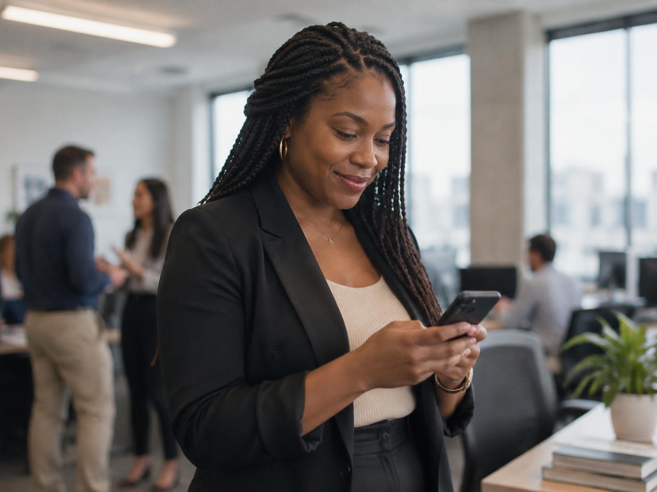 Operations leader smiling at a message on her phone in a busy office