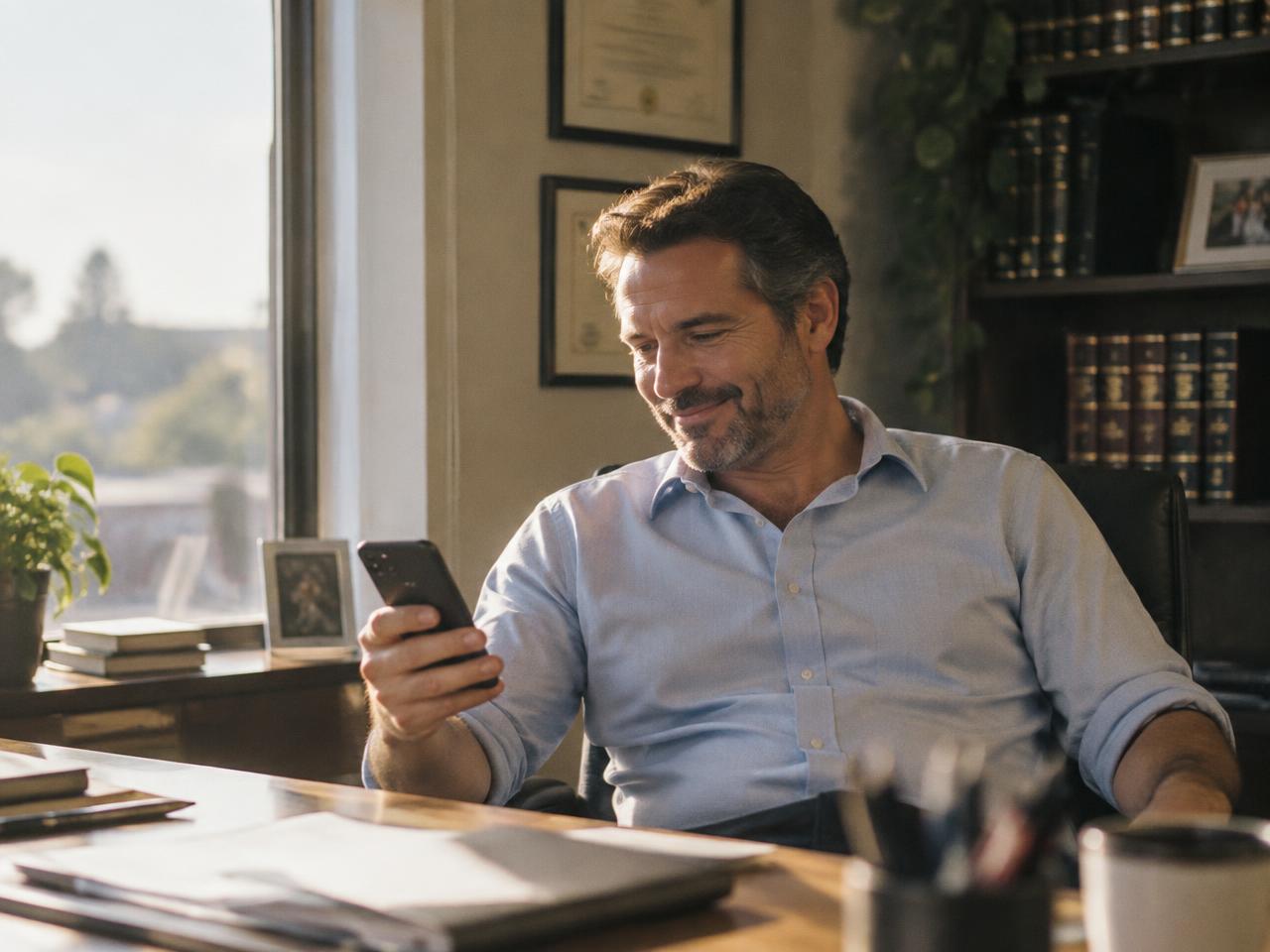 Director of Marketing in rolled-up sleeves smiling at his phone in his office