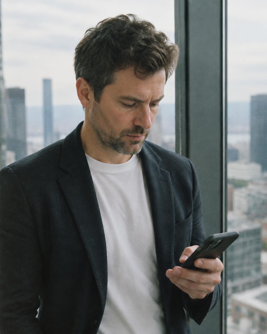 VP of Sales checking his phone at an office window with a city skyline behind him