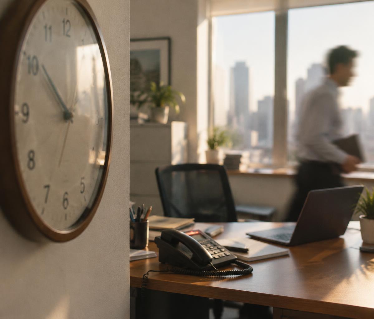 Office wall clock in focus while a person walks past a desk with a ringing phone
